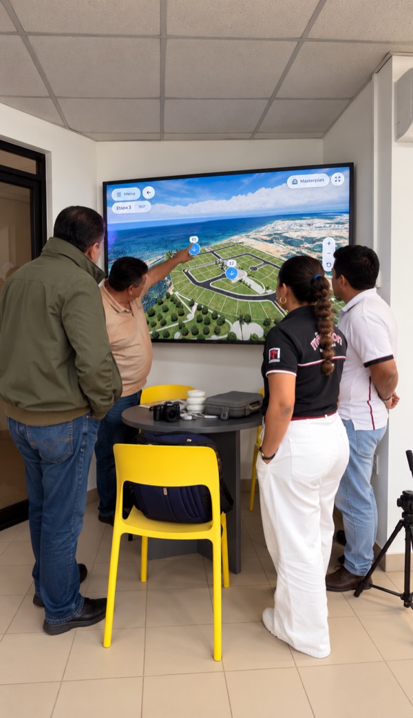 Presentación del masterplan del showroom en una pantalla de sala de ventas